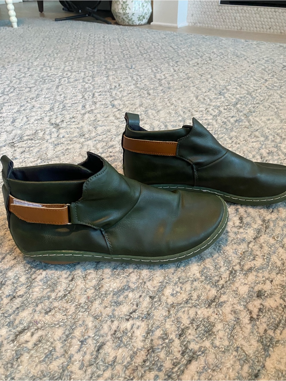 Women's Dark Green Slip-On Ankle Booties with Tan Accent